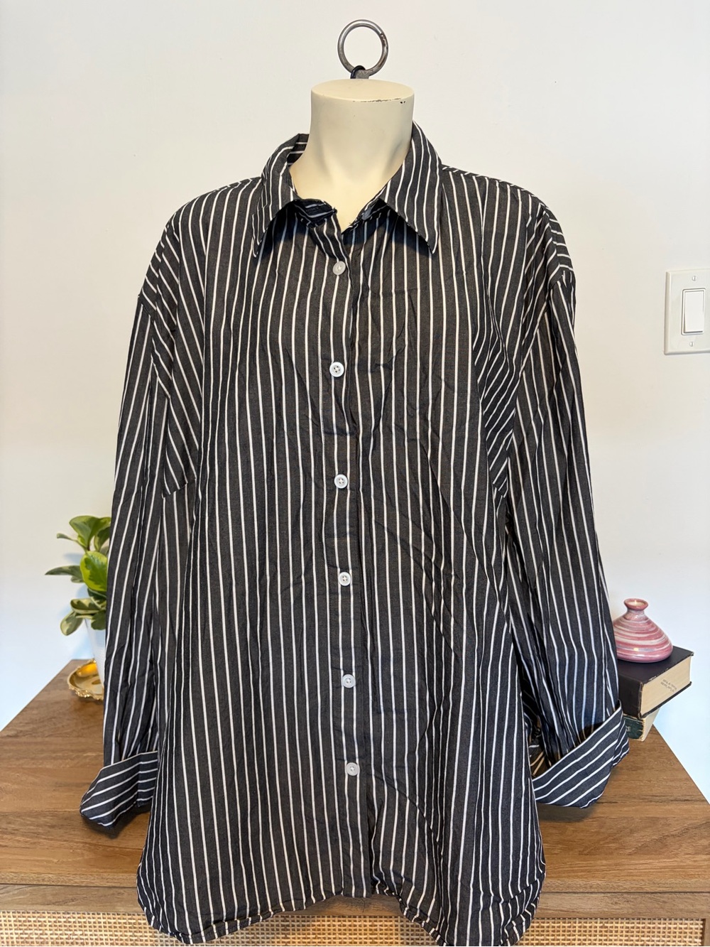 Black White Striped Oversized Button Down Shirt 100% Cotton Long Sleeve 3XL
